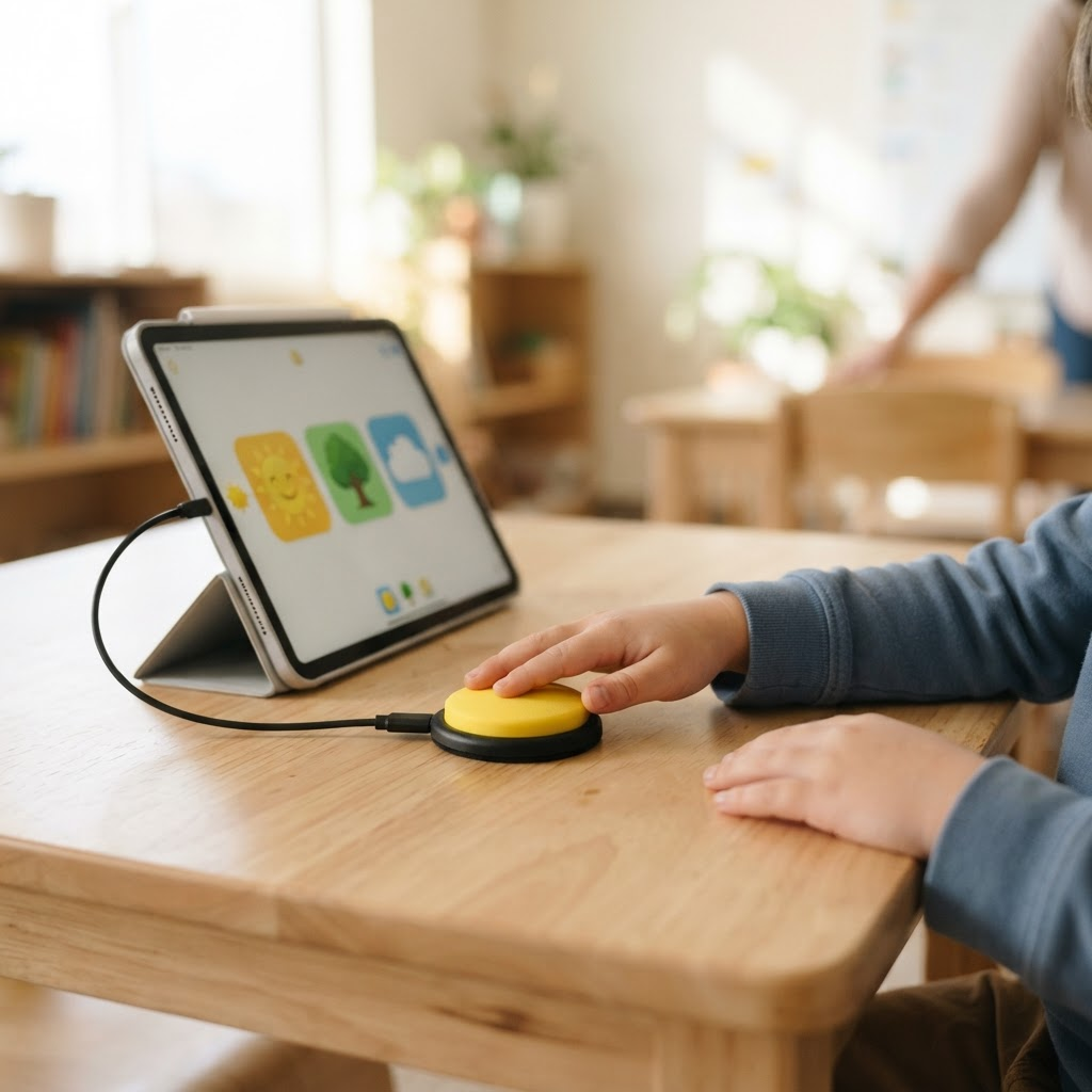A child's hands using an adaptive access switch connected to a tablet on a classroom desk