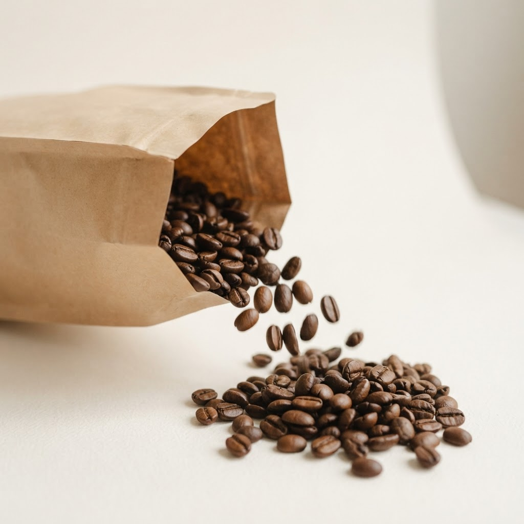 Freshly roasted coffee beans spilling from a kraft coffee bag